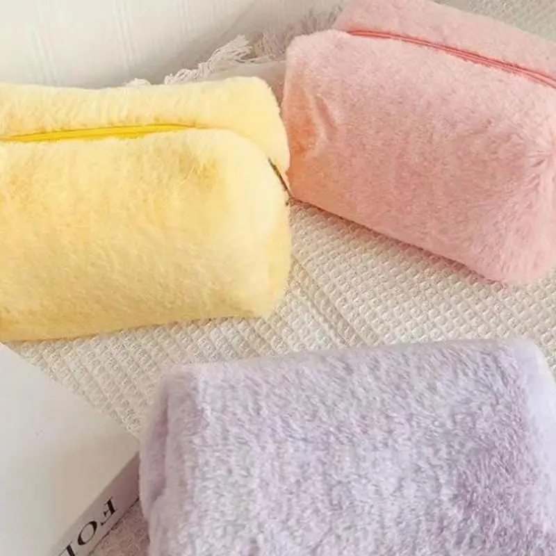 New  Plush Makeup Bag For Women Portable Travel Small Cosmetic Bags Solid Color Zipper Toiletry Bag Washing Pouch Storage Bags