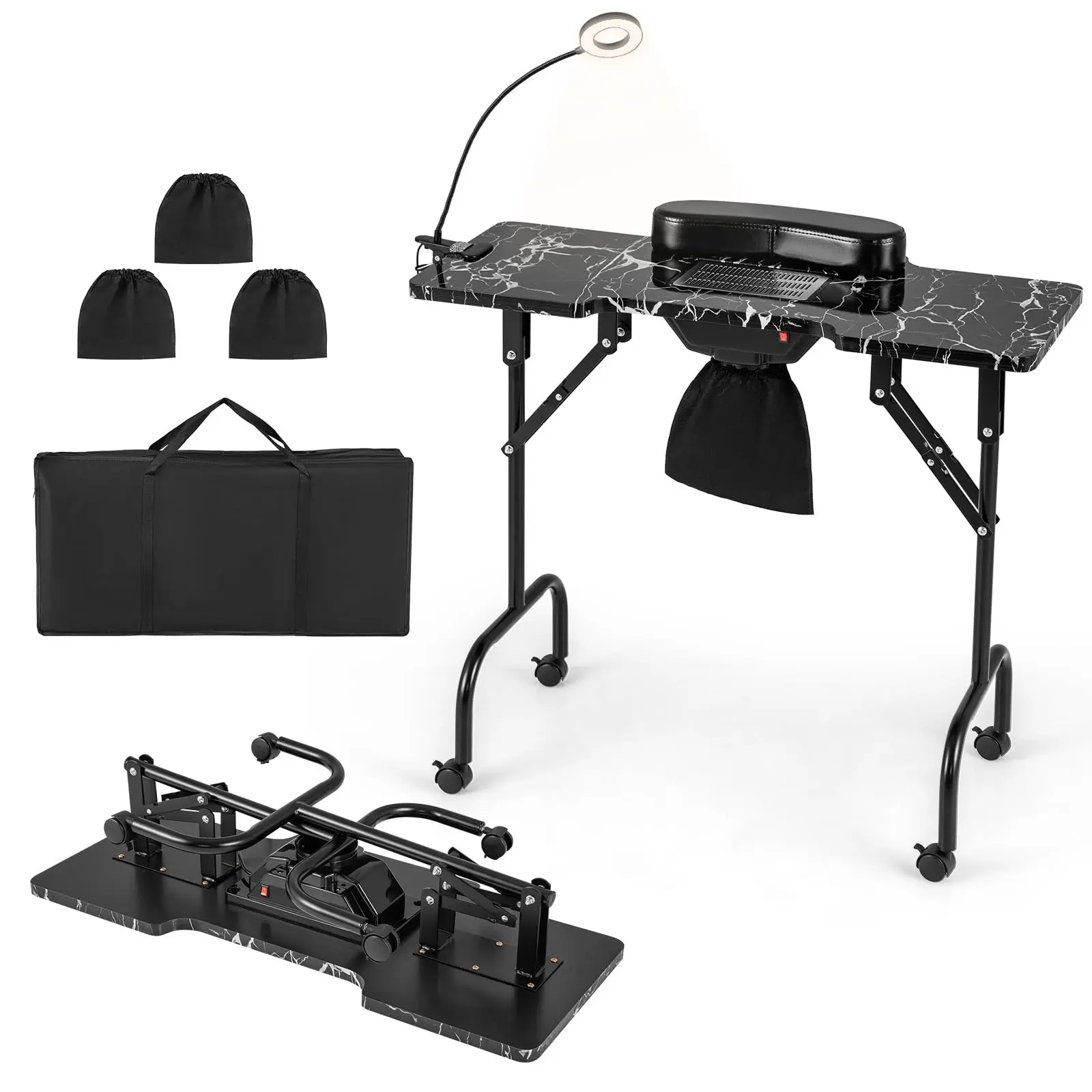 Manicure Nail Table, Folding Nail Salon Workstation w/Electric Dust Collector, 3 Dust Bags, LED Lamp, Detachable