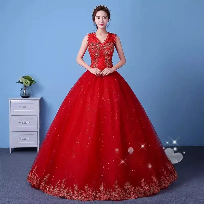 

Cheap Wedding Dress Red Crystal Sequins Bling Tulle V-neck Lace up Princess Floor-length Plus size Simple Bride Ball Gowns XN030