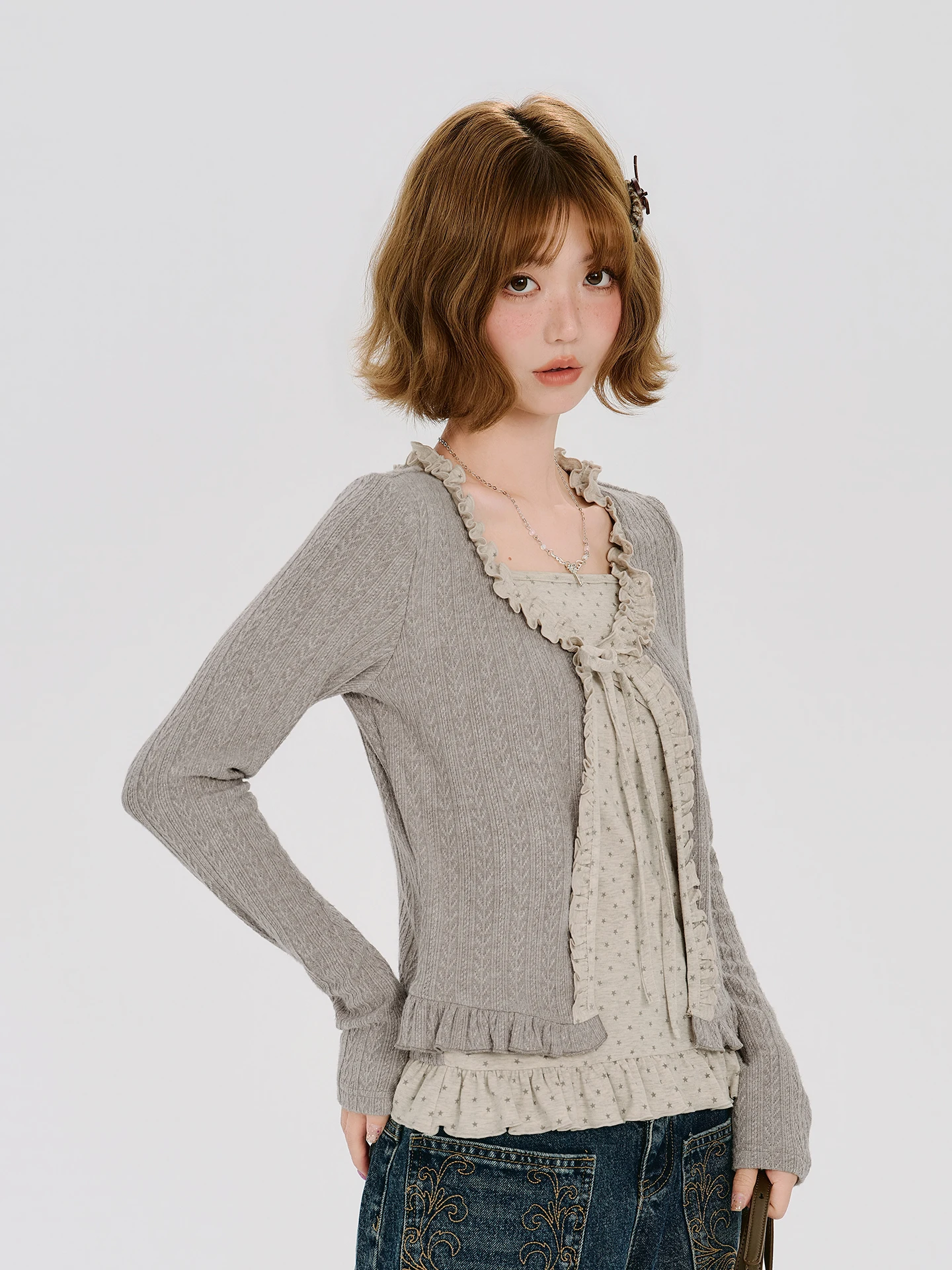 American Retro Wood Grain  Knot Fake Two-Piece Knitted Sweater Women's Autumn New Star Print Small Shirt Casual Style Sli...