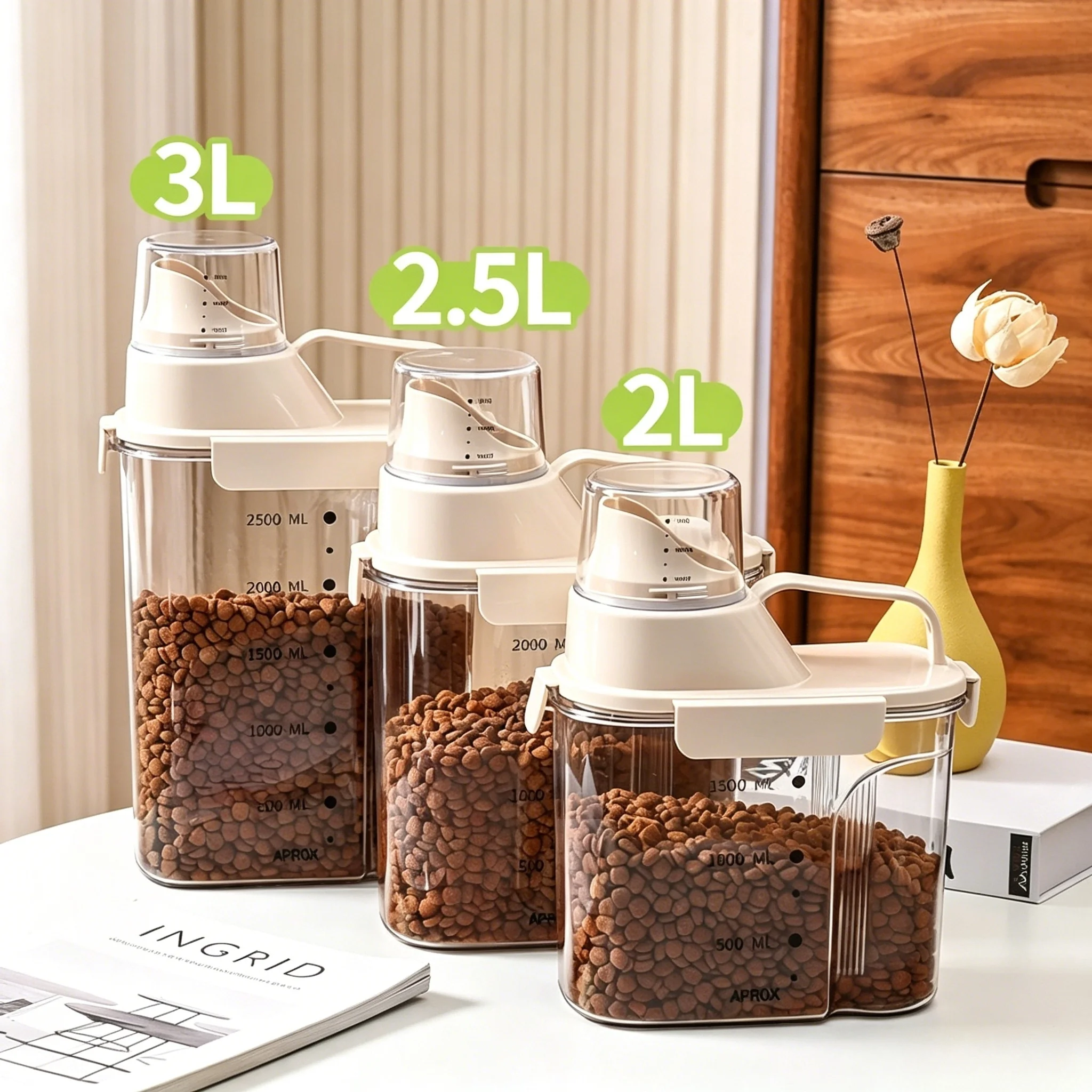 1kg/2kg/2.5kg/3kg Airtight Pet Food Storage Box With Measuring Cup, Moisture-Proof Plastic Container for Dog Cat Food & Snacks