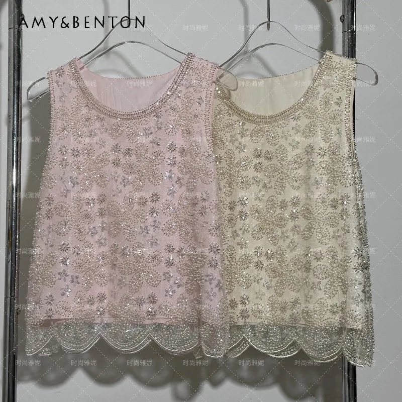 

Heavy Sequin Pearl Beaded Sleeveless Tank Top Women O-Neck Sexy Fashion Versatile Performance Party Show Slim Elegant Camisoles