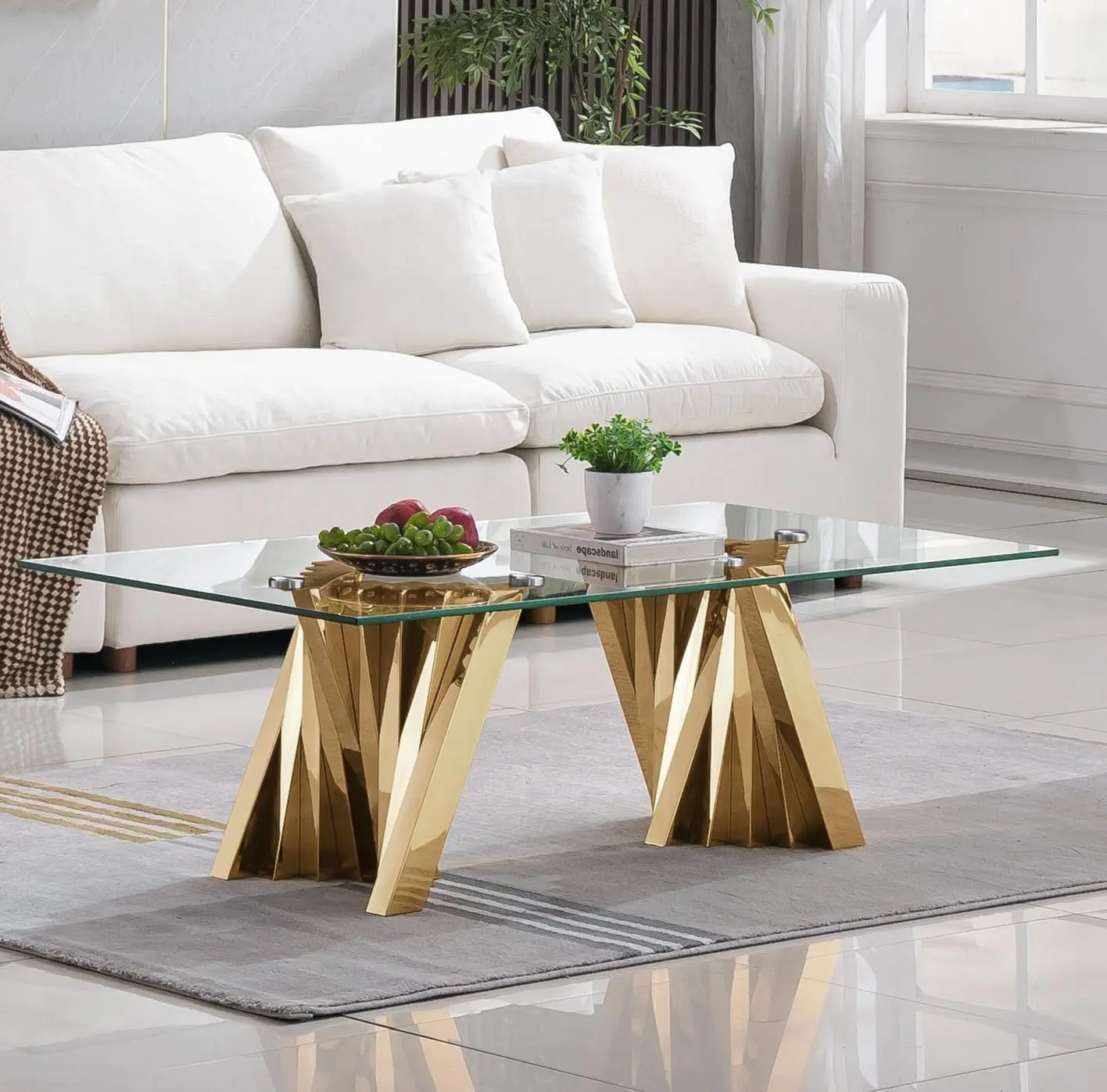 51 inch Rectangle Coffee Table with Gold Stainless Steel Pedestal, Rectangular Tempered Glass Coffee Table, Mid Century Modern C