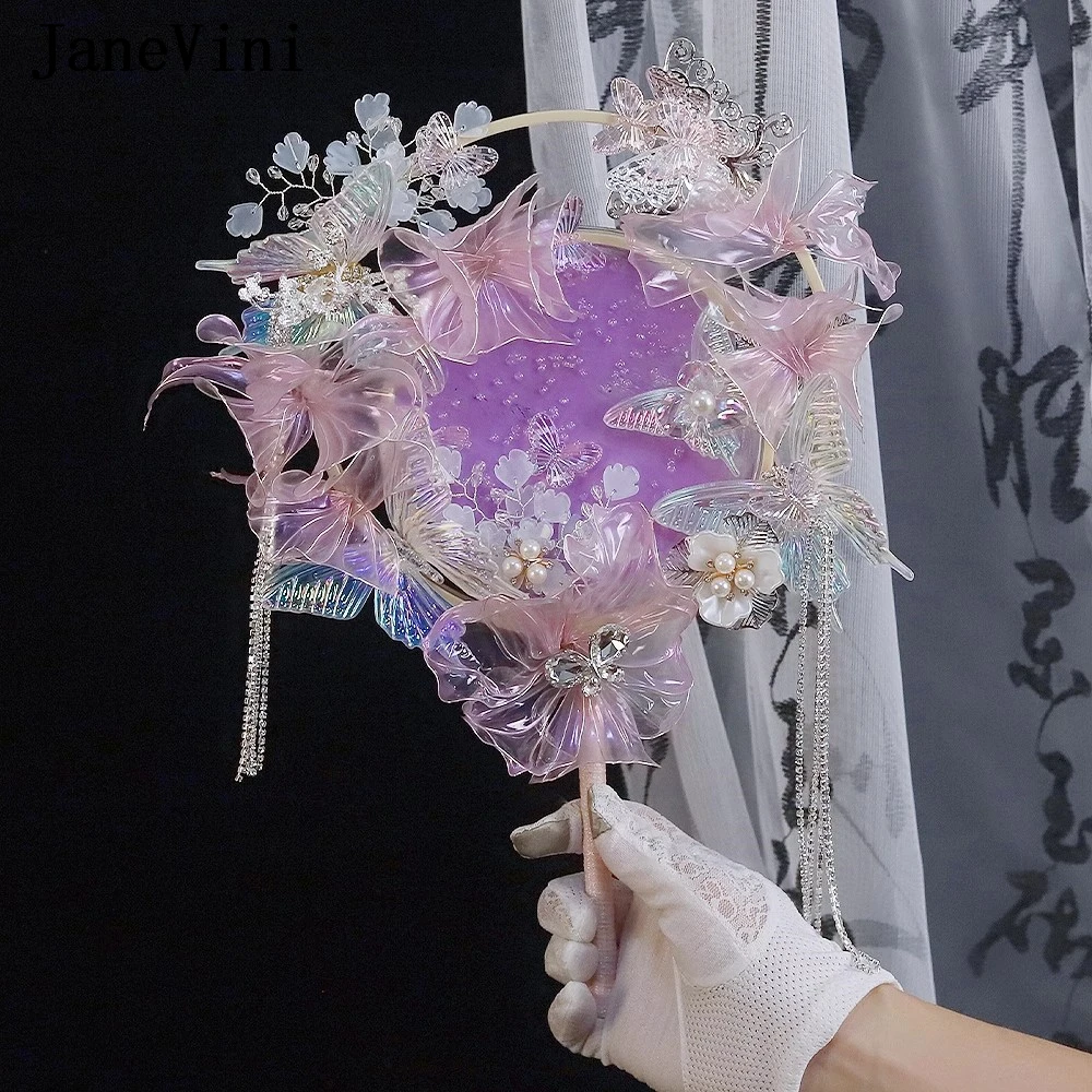 JaneVini Romantic Purple Butterfly Wedding Fan for Bride Hanfu Accessories Crystal Rhinestone Tassel Bridal Fan Flowers Bouquets