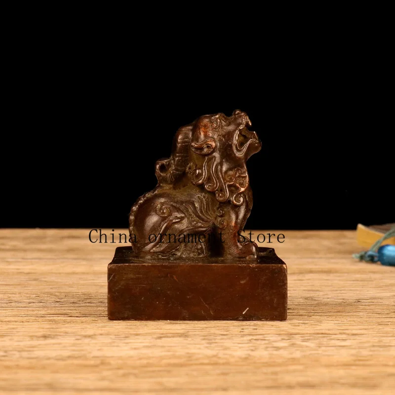 Alloy Dragon Beast Roaring at the Sky Pixiu Seal Antique Collectible Craft Desktop Engraving Ornament Bronze