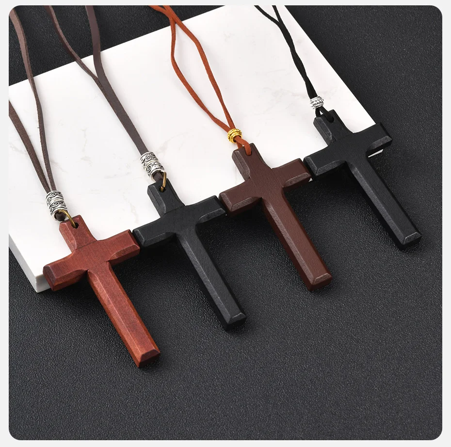 Vnox Vintage-Halskette mit Holzkreuz-Anhänger für Männer und Frauen, verstellbares 44–86 cm langes Lederband, christliches Gebetsamulett, Schmuck, Geschenk – Detail 7