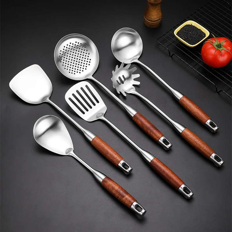 Thickened Stainless Steel Wooden Handle Spatula Soup Cooking  Frying Shovel Anti-Scald Colander Integrated Kitchen Utensils