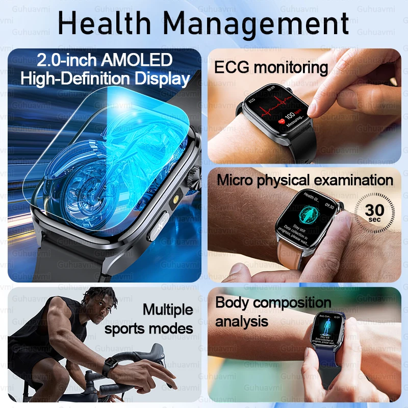 2025New AI-GPT ECG Smartwatch دقيق حمض اليوريك الدهون في الدم ضغط الجسم تحليل ساعة ذكية الرجال BT دعوة مصباح ليد جيب ساعة