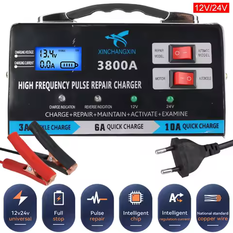 High Power Full Automatic Car Battery Charger 12V 24V Fast Charger Repair Battery Charger EU Plug For Lead Acid Battery