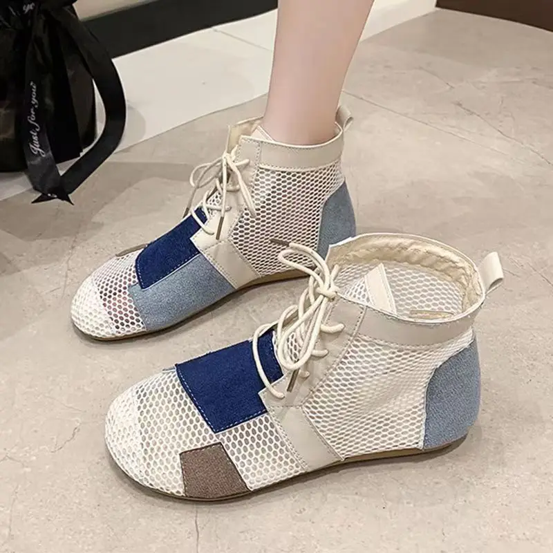New Summer Women's Mesh Hollow High Top Flat sole Boots Soft Sole Non Slip Breathable Lace Up Mixed Colors Sandals image 2