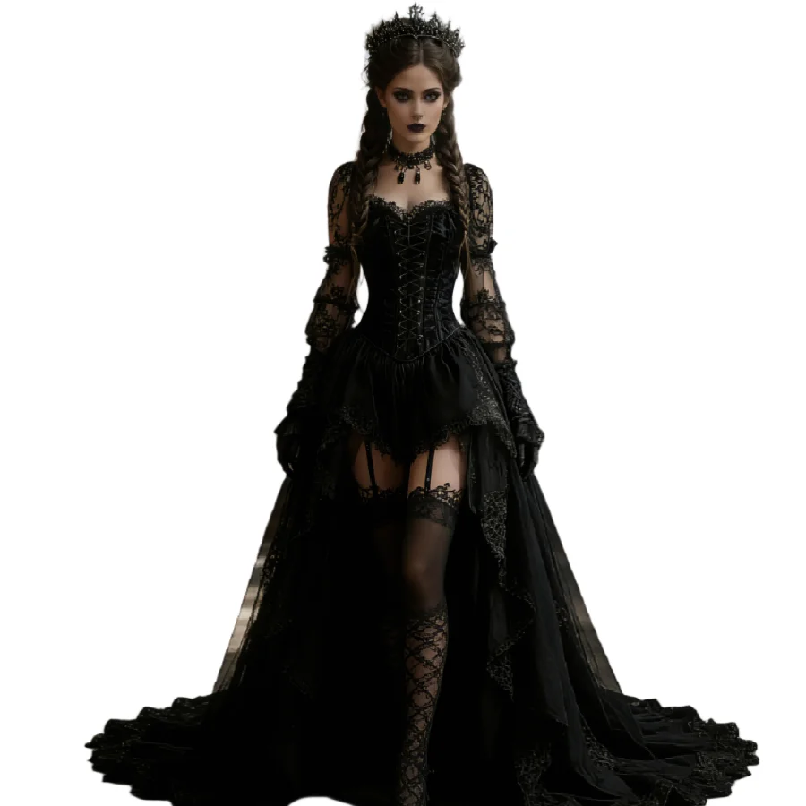 Vampire Hi Low Black Gothic Wedding Dress A Line Tulle Short Bohemian Lace Bridal Gown Long Sleeve Witchy Civil Country Vestios