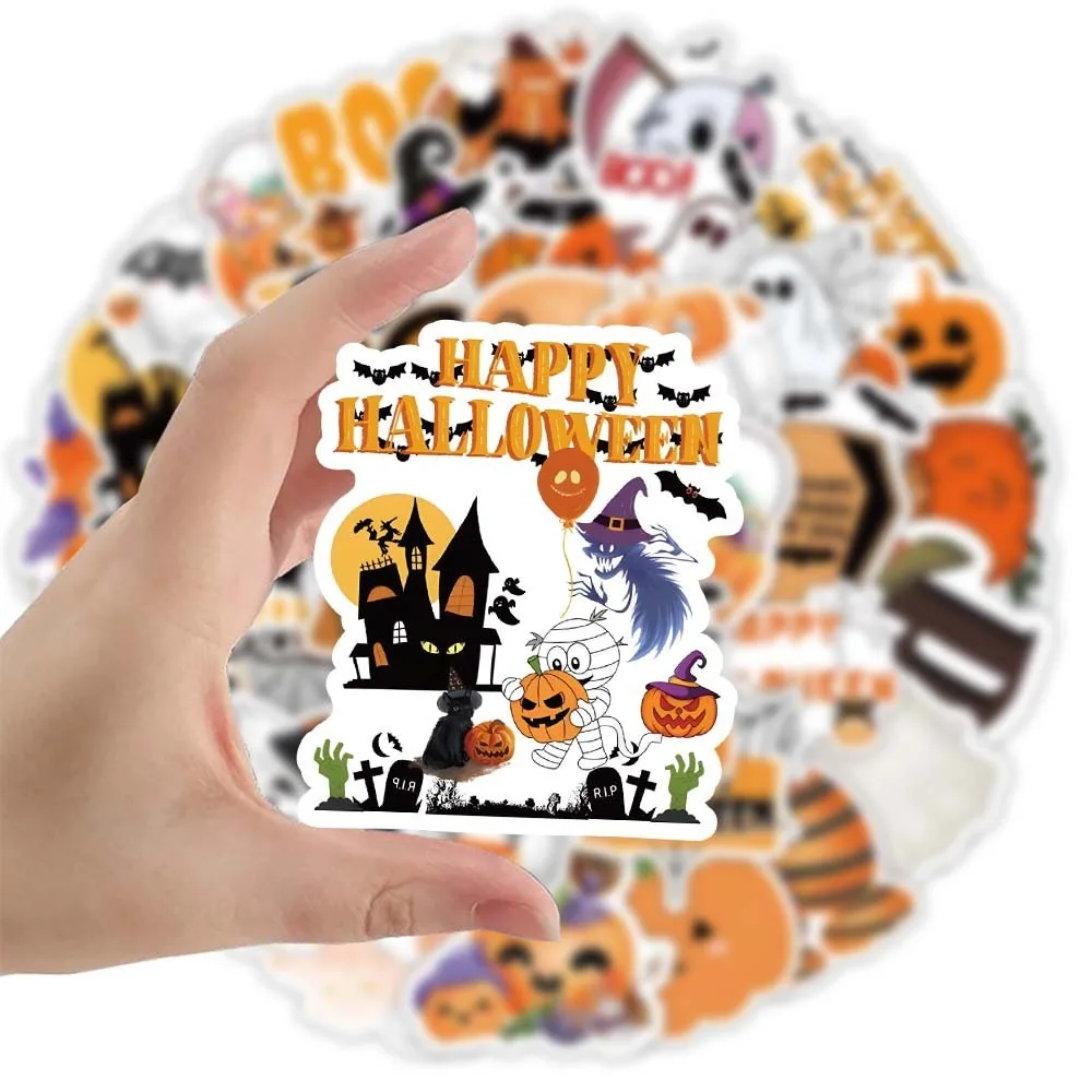 100PCS Halloween Series Stickers Cartoon Pumpkin Ghost Cute Graffiti Sticker Waterproof Pink Orange Decorative Sticker Toy