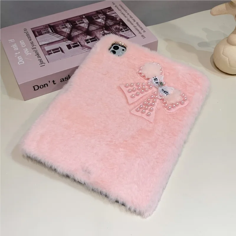 

Плюшевый пушистый чехол с бантом и жемчужным декором для планшетов OPPO Pad 2 3 11.6in, OnePlus Pad, Pad GO 11.6in, противоударный чехол с эффектом пушистости