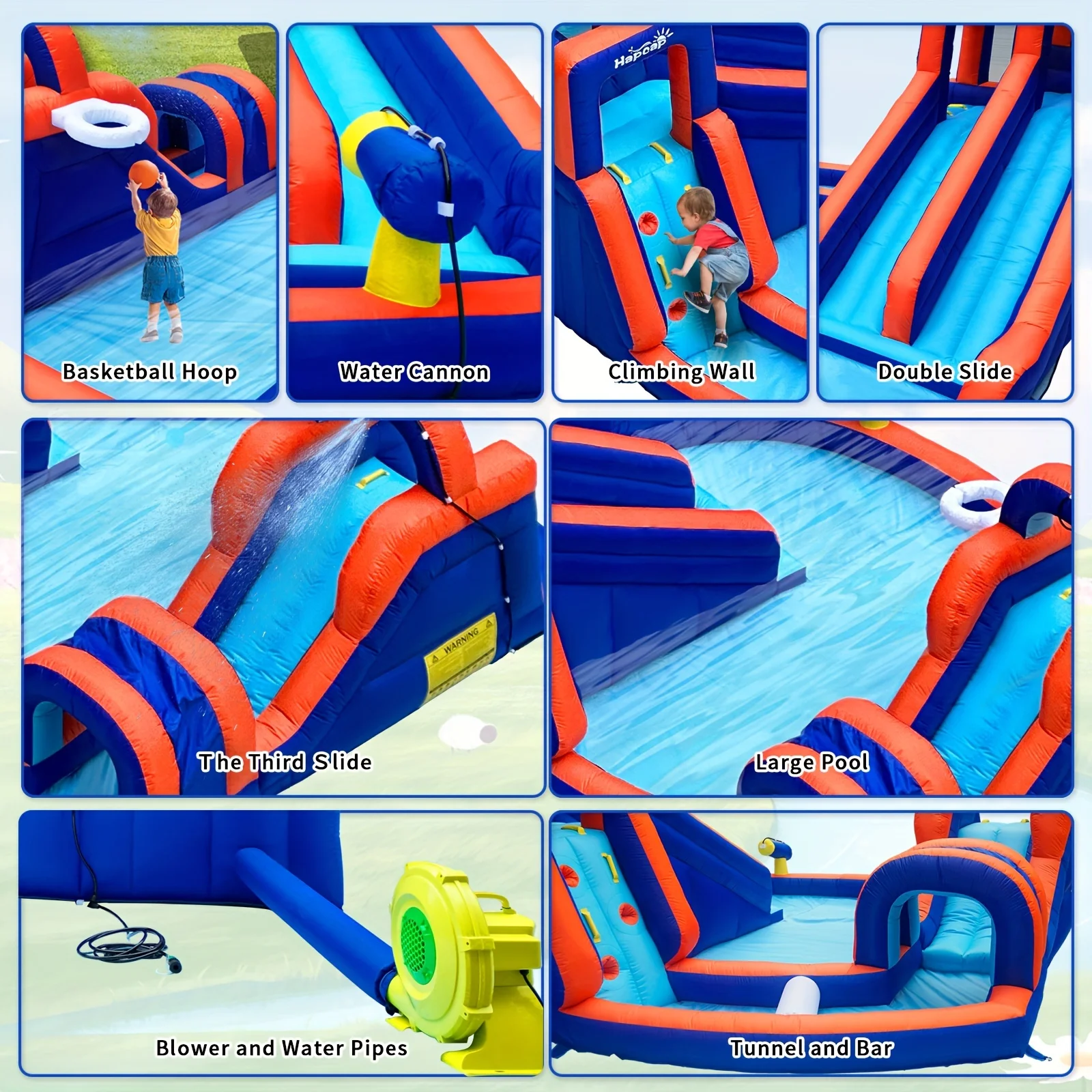 HapCap opblaasbare waterglijbaan, hindernisbaan springhuis voor buiten achtertuin, met luchtblazer, 13,8 ft x 13,5 ft