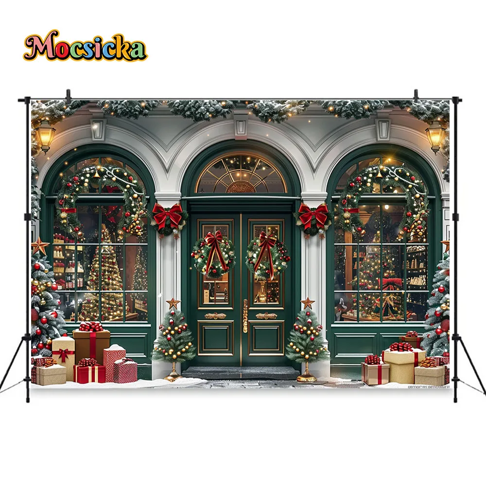 Vintage Green Christmas Gift Shop Photography Background Xmas Tree Arched Door Window Backdrop Outdoor Kids Snowy Photobooth