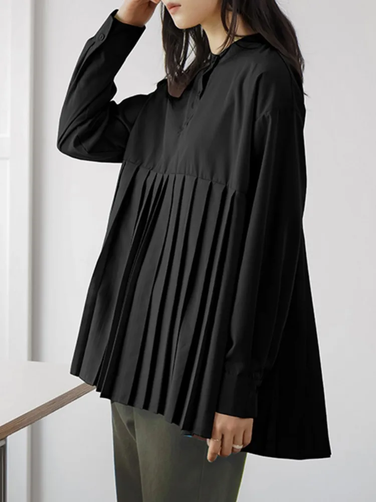 Bonboho-Camiseta de manga larga con cuello levantado para mujer, camisa plisada abotonada a la moda, Tops informales, Color sólido, 2026