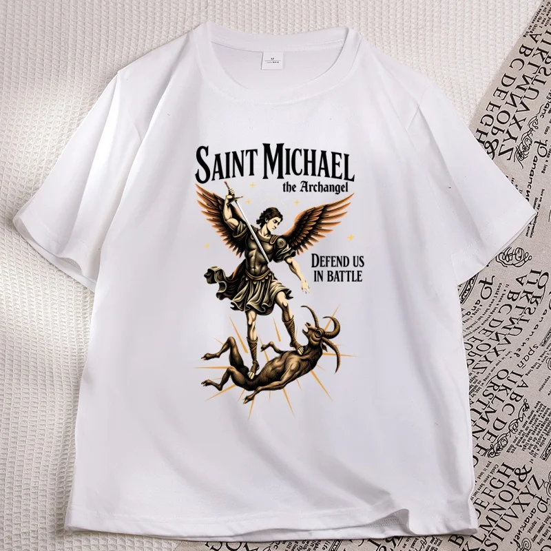 Vintage Catholic Saint T-shirt Angel Prayer Tee Gothic Cotton Short Sleeve Printed Tshirt Casual Round Neck Print Short