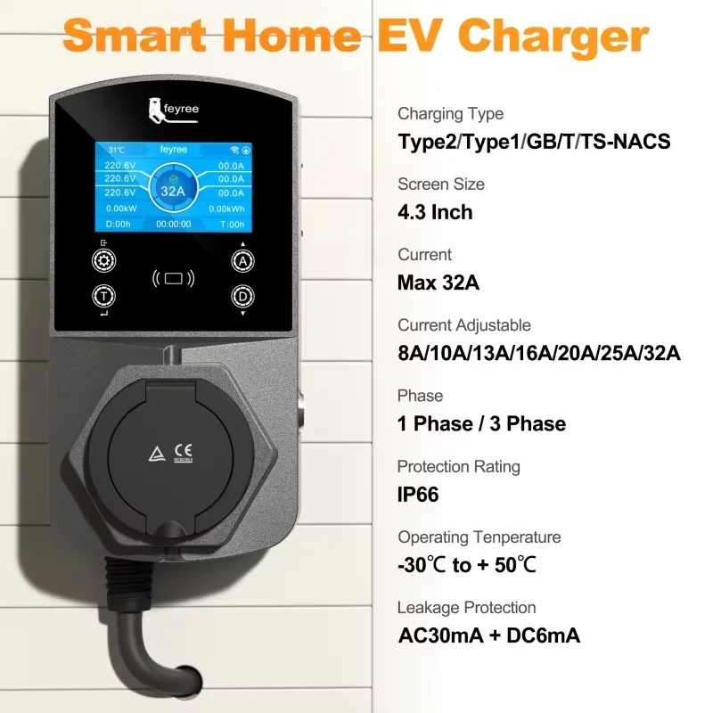Fey123 22KW Vope2 EV Chargeur de voiture électrique intelligent pour TS-NACS Vope1 GB/T Plug EVSE Wallbox WIFI Andrea Control