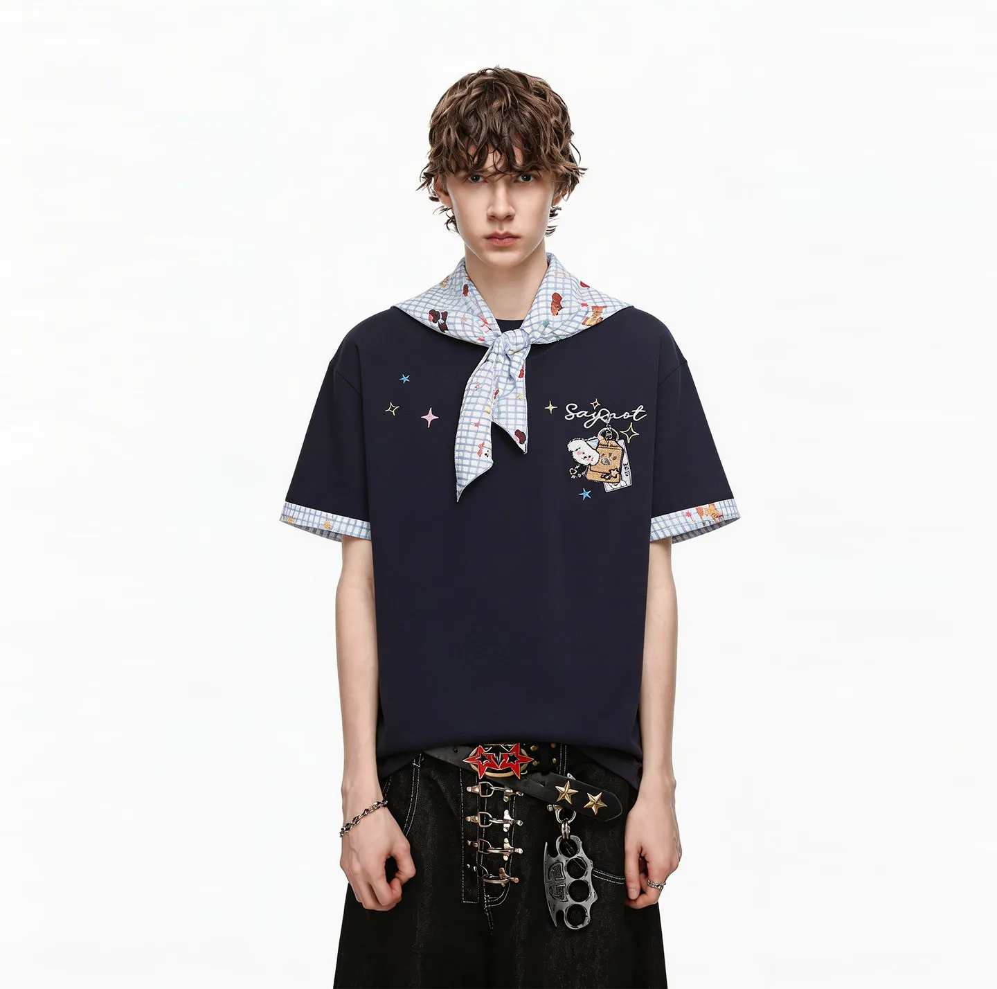 Summer New Men's Navy Blue White Cute Cartoon Dog Embroidery Round Neck Short Sleeve T-Shirt Plaid Scarf 2 Piece Set