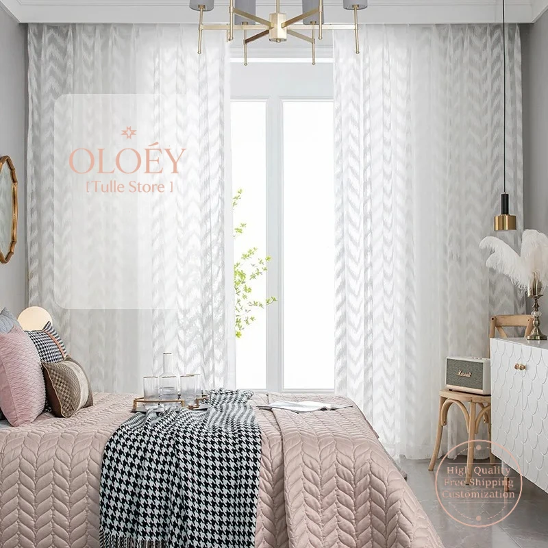 

Korean White Jacquard Voile Curtains Sheer Elegant Drapes for Bedroom Living Room Custom Made Window Treatment Light Filtering