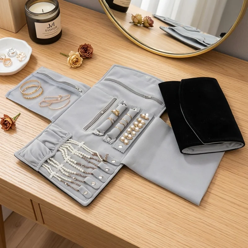 Foldable Travel Portable Jewelry Storage Bag Soft Velvet Ring Earring Necklace Organizer Case for Jewelry Collection