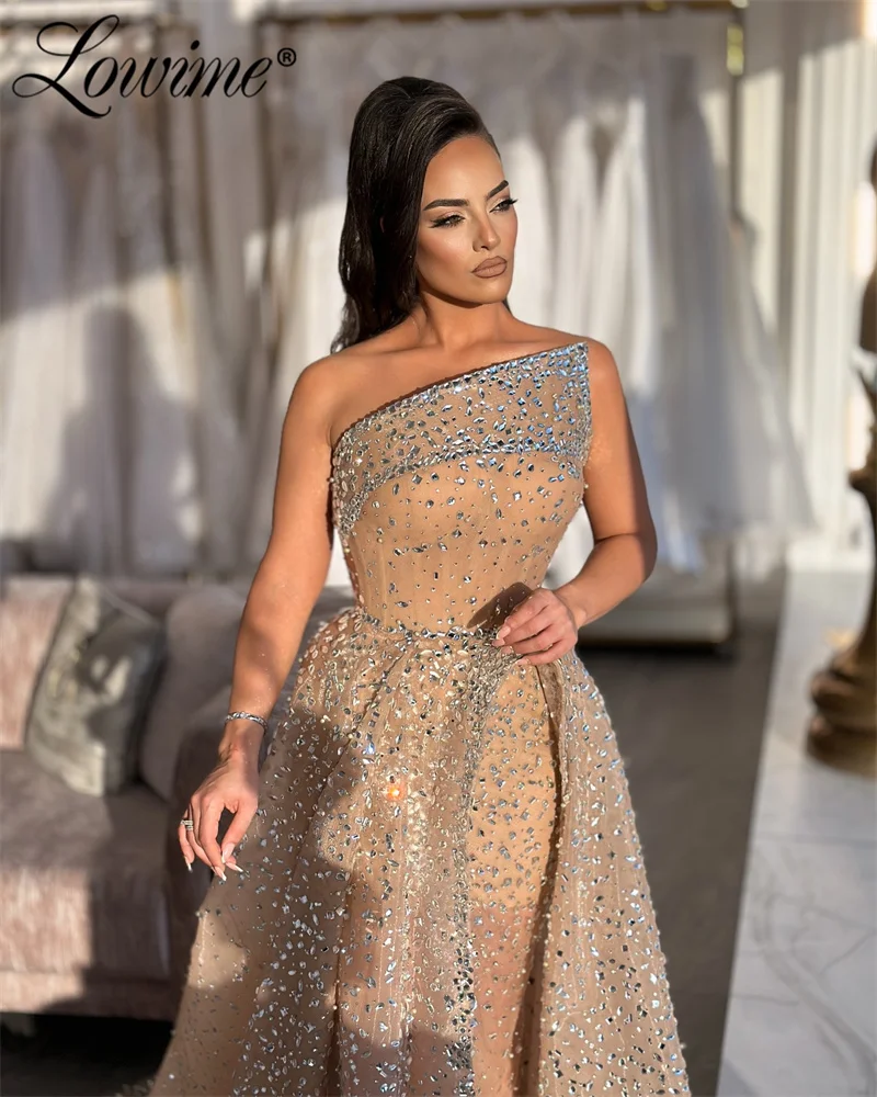 Heavy Crystals Celebrity Dresses Luxury Arabic Evening Dress 2024 Couture Prom Party Gowns For Weddings With High Split Side