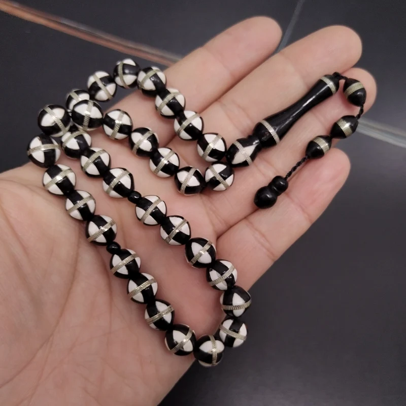 Tasbih Natural black kuka tree bead Inlaid silvers muslim Misbaha round 33 prayer beads Ramadan Eid gift