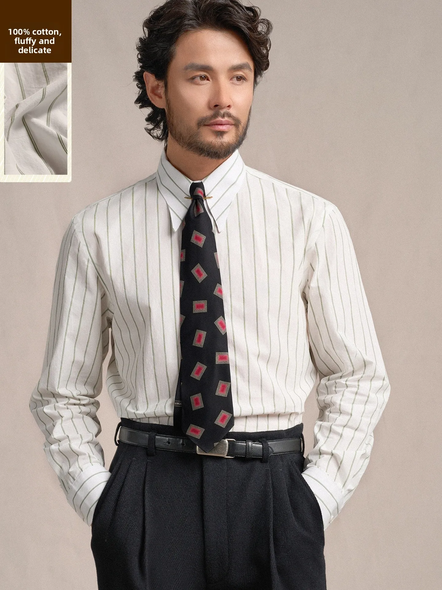 

Cultum Vintage 930s Cotton Piqué irt Men's Long Sve Casual Striped Breathable Comfortable Stand Fit Busin Gentleman