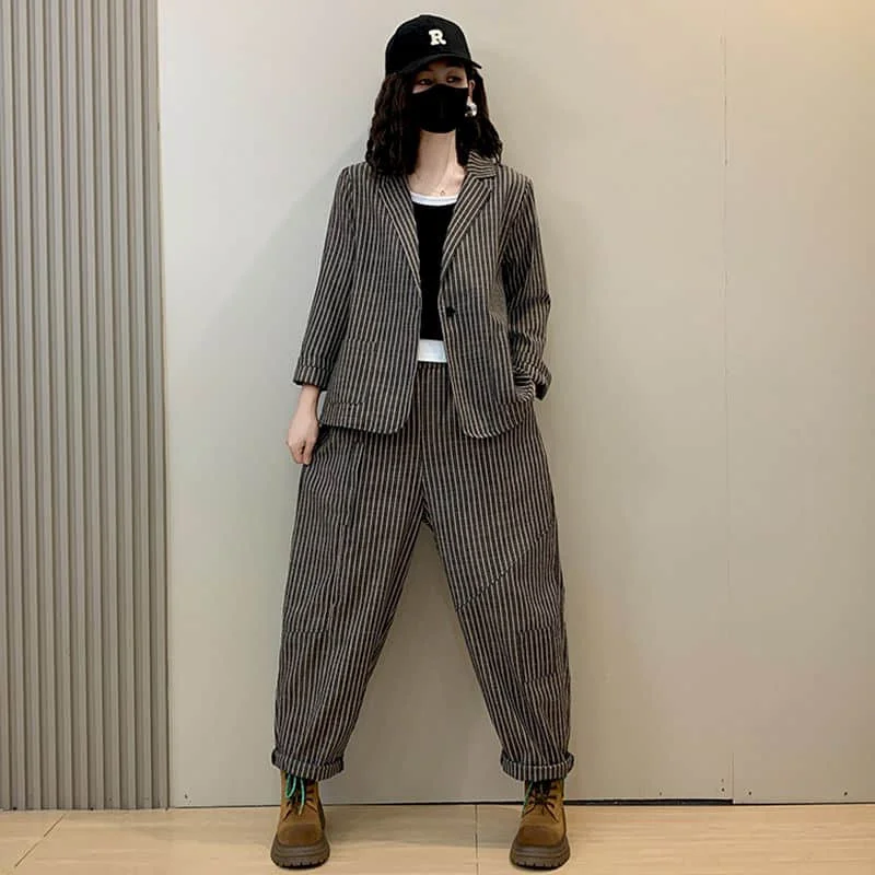Set di pantaloni vintage Cappotti a righe a maniche lunghe e pantaloni Harem casual Set di due pezzi larghi in stile coreano Harajuku Abiti da donna