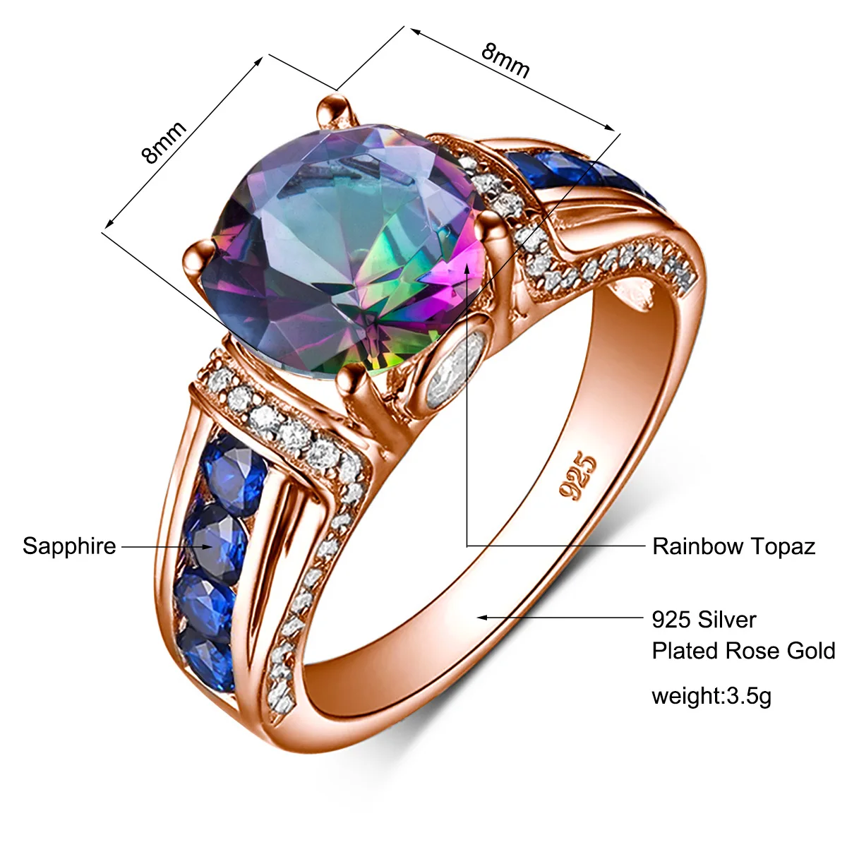 Unikatowy tajemniczy pierścionek z topazem tęczowy ogień z różowego złota do zaręczyn z okrągłym wycięciem z kamienia 8mm luksusowy projektant