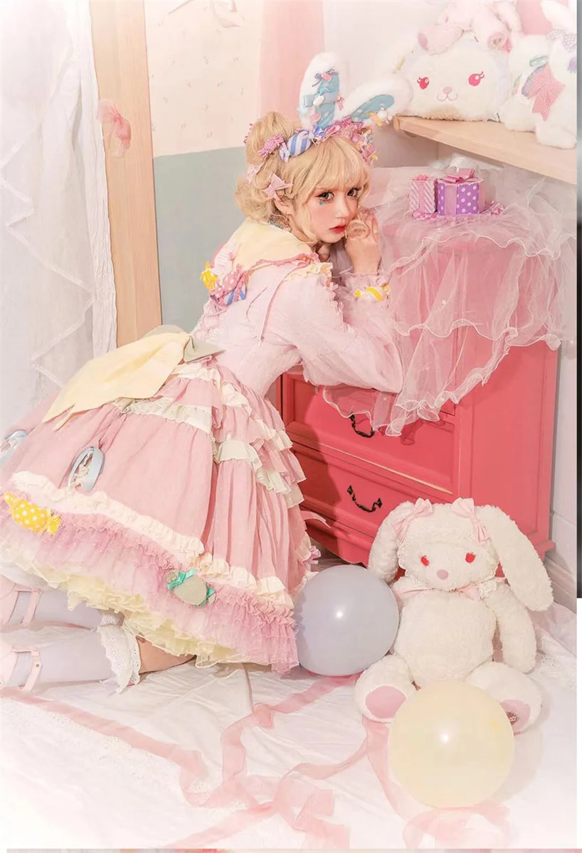 Robe à volants en dentelle à pois pour filles, style japonais, doux, cosplay, JSK, Kawaii, Lolita, mignon, Loli, bonbon, fête, col beurre, nœud rayé