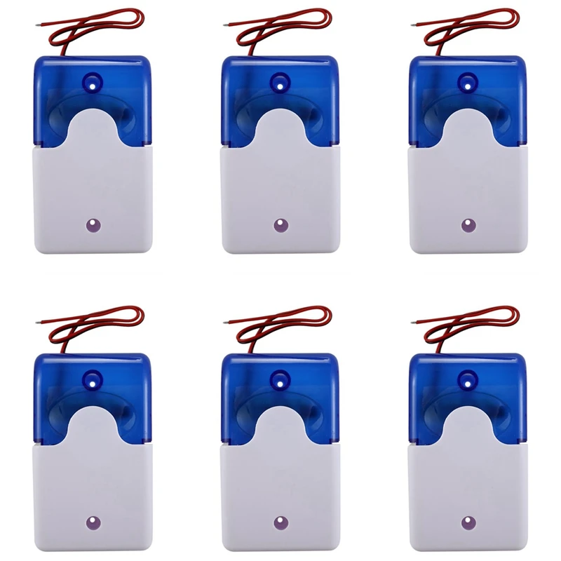 6x Mini Bedrade Strobe Waarschuwing Sirene Duurzaam Dc 12V Geluid Alarm Knipperlicht Geluid Sirene Hoorn 115db Blauw
