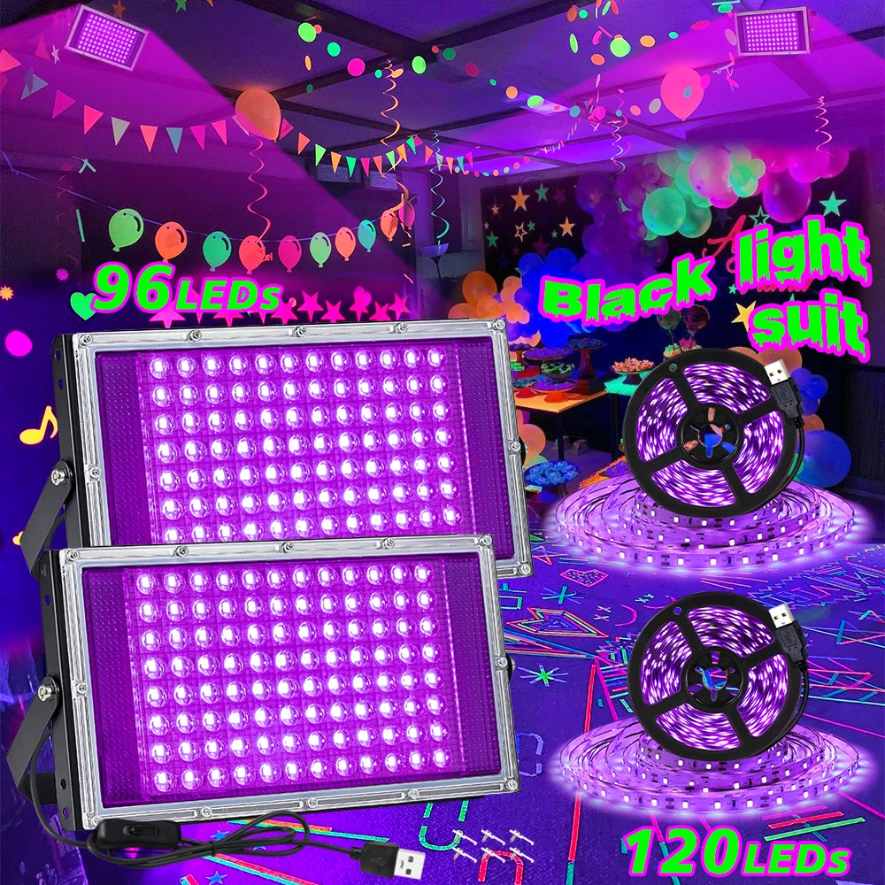 

2 шт. черных светильников с 96 светодиодами + 2 шт. черных световых панелей USB длиной 2 м, 5 В, 385-400 нм для светящейся вечеринки, Дня святого Валентина, дня рождения, декора комнаты