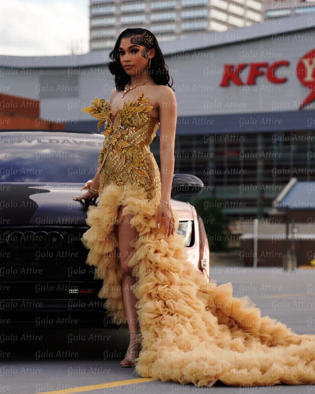 Vestido de Gala Dorado con Diamantes, Vestido de Fiesta con Cuentas, Vestido de Cumpleaños con Volantes de Tul, Vestido de Graduación con Abertura, Vestido Maxi de Fiesta Personalizado