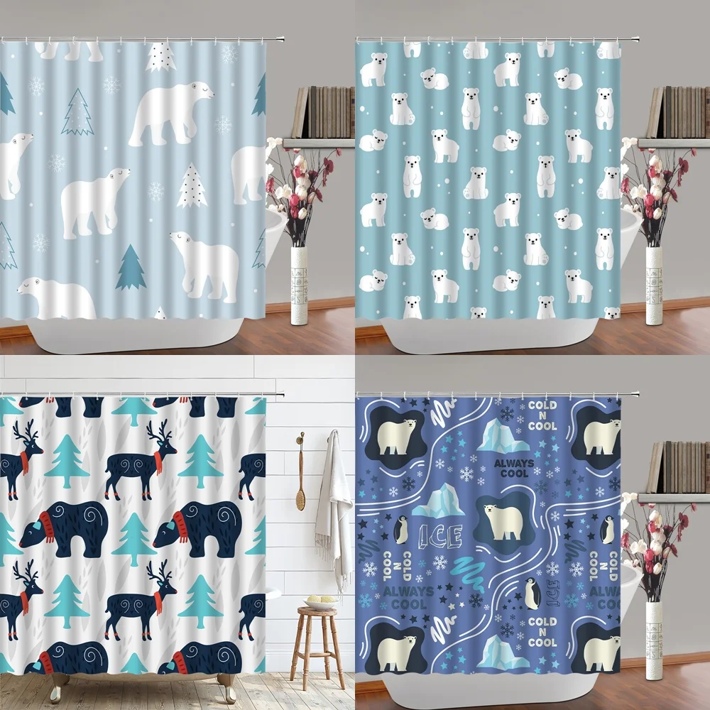 

Cute Cartoon Polar Bears Shower Curtain Elk Deer Penguin Animal Fabric Kids Girl Bathroom Decor Curtains Screen Sets with Hooks