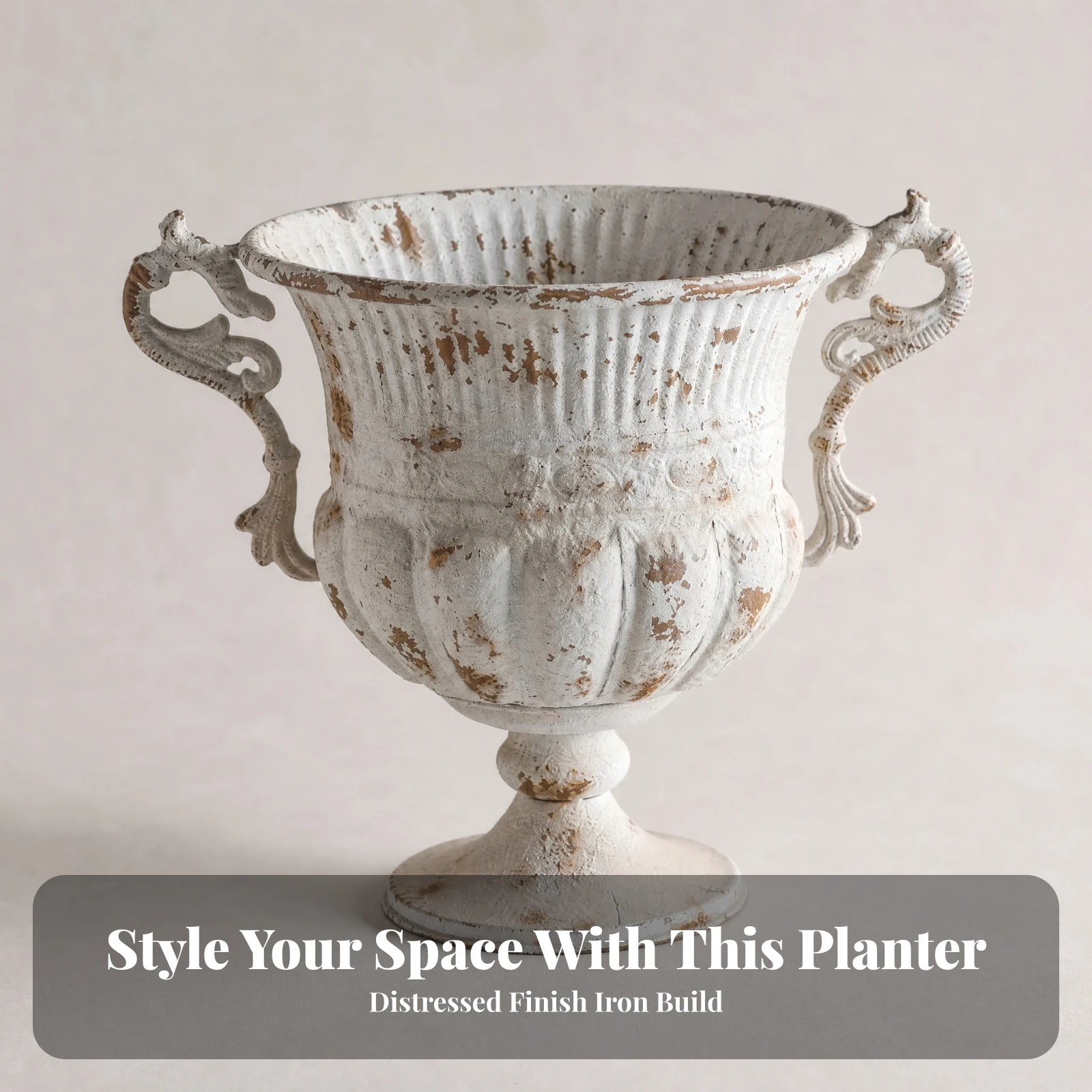 Fluted Urn Planter with Ornate Handles Antique-Inspired Pedestal Planter with Footed Base Distressed Iron Flower Urn Stable