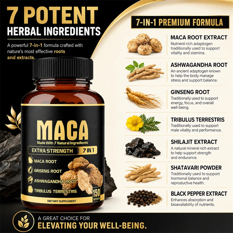 Maca Capsules 150 Caps with Ashwagandha Ginseng Tribulus Shilajit for Male Enhancing,Stamina Muscle,Improve Endurance & Vitality