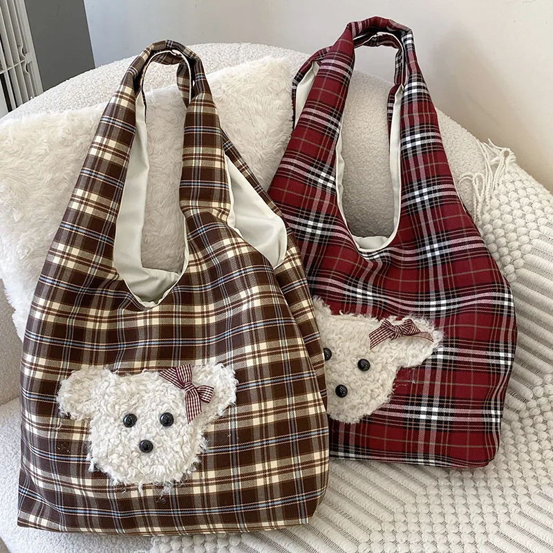 

Youda New Polyester Fabric Shoulder Bag for Women Fashion Plaid Cartoon Pattern Handbag Large Casual Capacity Shopper Tote Bags