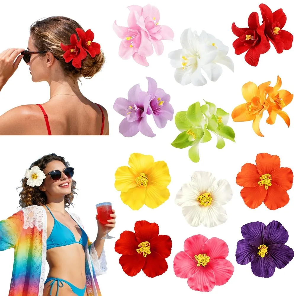12Pcs Hawaiian Flower Clips for Hair Plumeria Hibiscus Flower Clips Hawaiian Hair Accessories for Girls Tropical Party Supplies