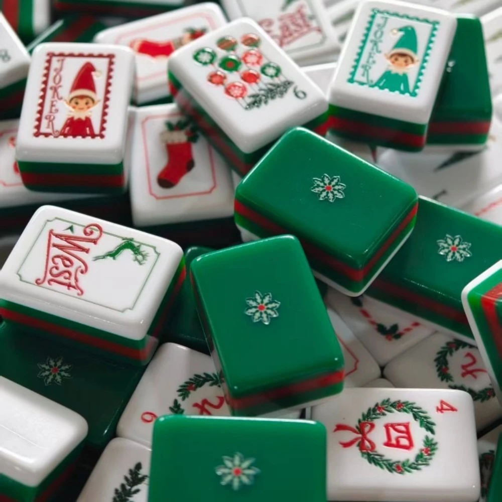 Christmas American Mahjong Tiles Set 160 Pcs Red Double Layer MahJong Tile Acrylic Tiles Santa Gingerbread Man Set