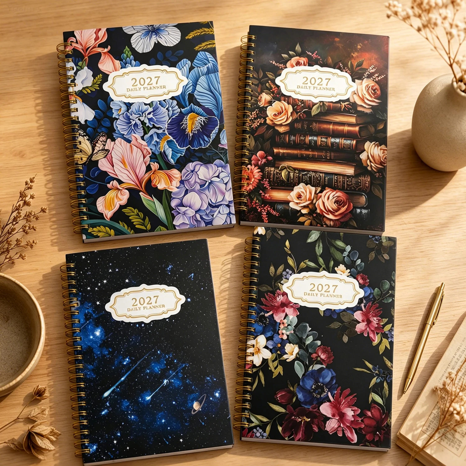 

2027 Floral Galaxy Journal Planner, Metal Double Coil Organizer Notebook for Daily Planning, Note Taking and Keepsake Collection
