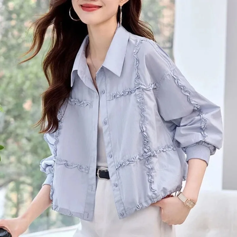 Women Clothing Spring Autumn Fashion Simplicity All-match Ruffles Solid Color Female Appear Thin Cardigan Long Sleeve Windbreake