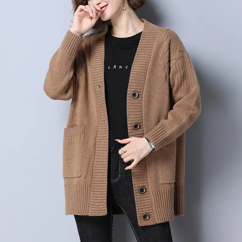 Autumn Winter Long All-match Fashion Women Sweater Coat Pockets Button Long Sleeve V-Neck Warm Loose Solid Casual Knit Cardigans