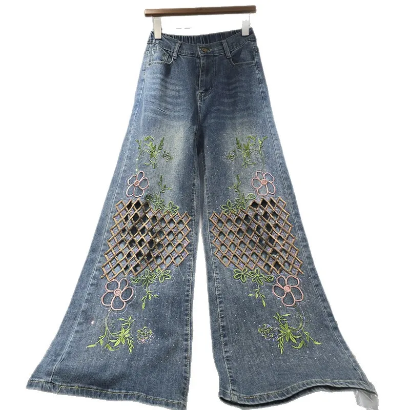 New Spring Autumn Loose Women Jeans Hot Diamonds Hollow Out Embroidery High Waist Mopping Floor Casual Wide Leg Denim Pants