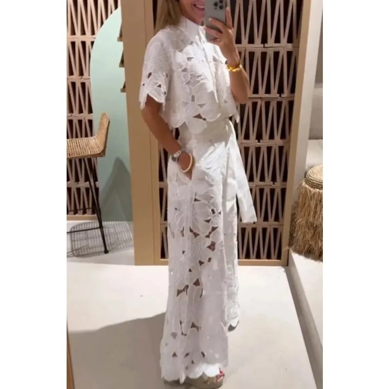 

Европейский и американский 2026, летний новый Amazon, трансграничный сплошной цвет, сексуальный полый кардиган, топ, широкие брюки, комплект из двух предметов для женщин