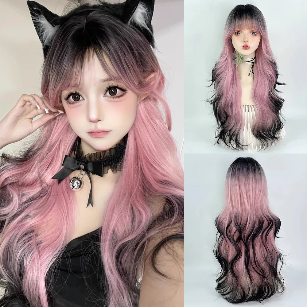 

Synthetic Long Wavy Women Omber Pink Black Wig with Bangs Fluffy Lolita Cosplay Heat Resistant Wig for Daily Party