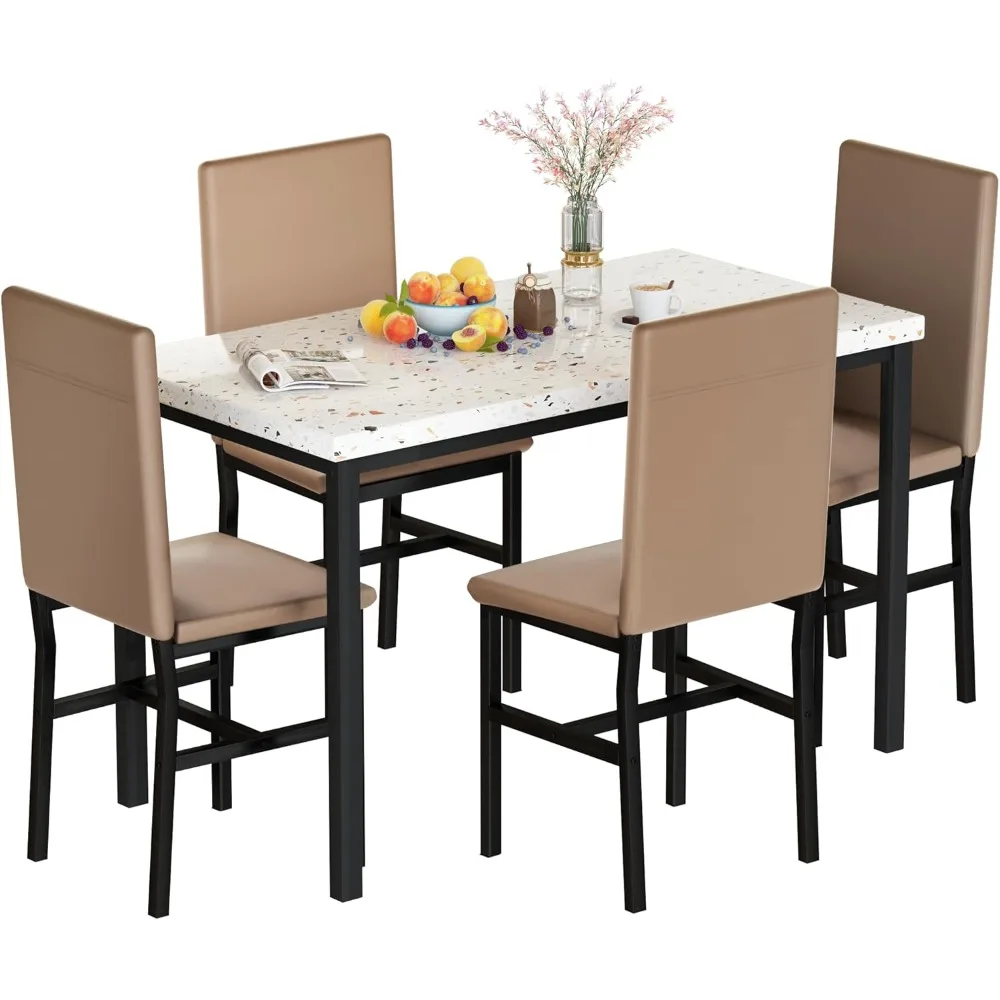 

5-Piece Kitchen & Dining Room Sets, Small Kitchen Table and Chairs,Faux Marble Dining Table Set for 4 with 4 PU Leather Chairs