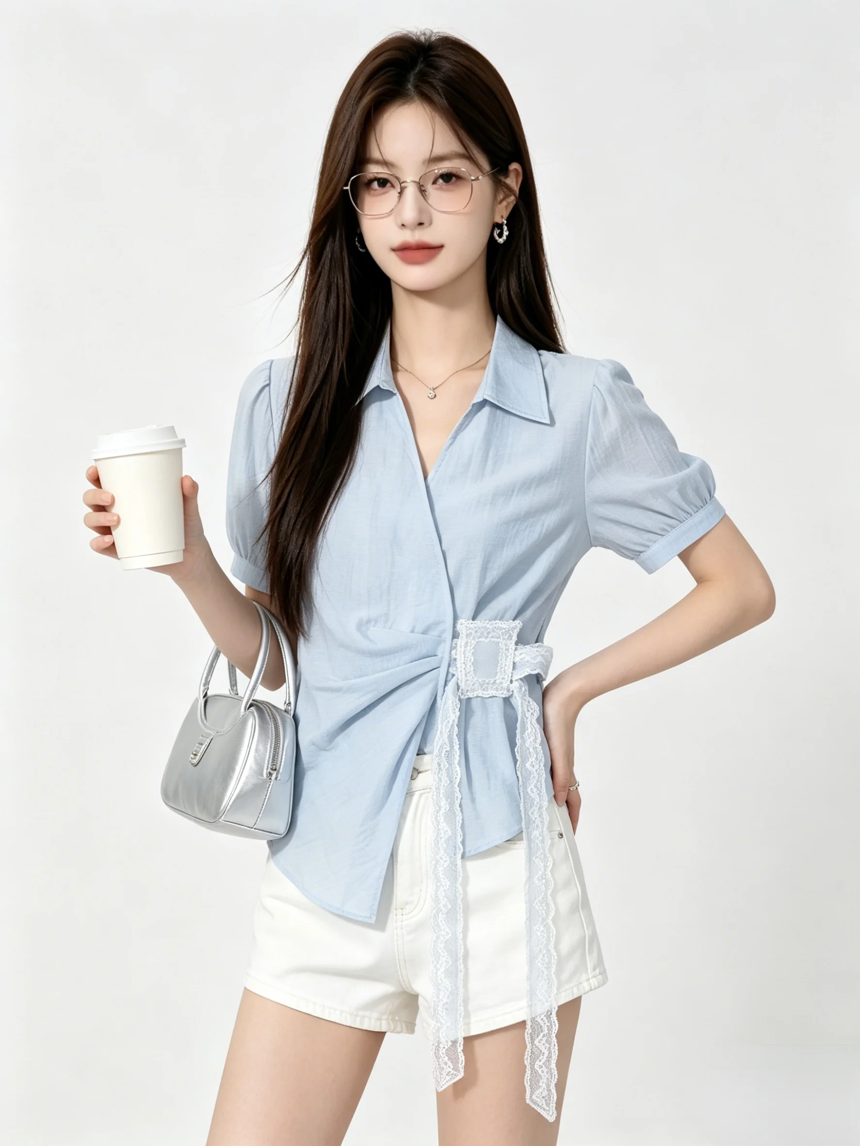 

Blue Korean Style Design Belted Short Sleeve Shirt Summer Turn Collar Lace Drifting Bandeau Loose Fit Breathable Women's Shirt