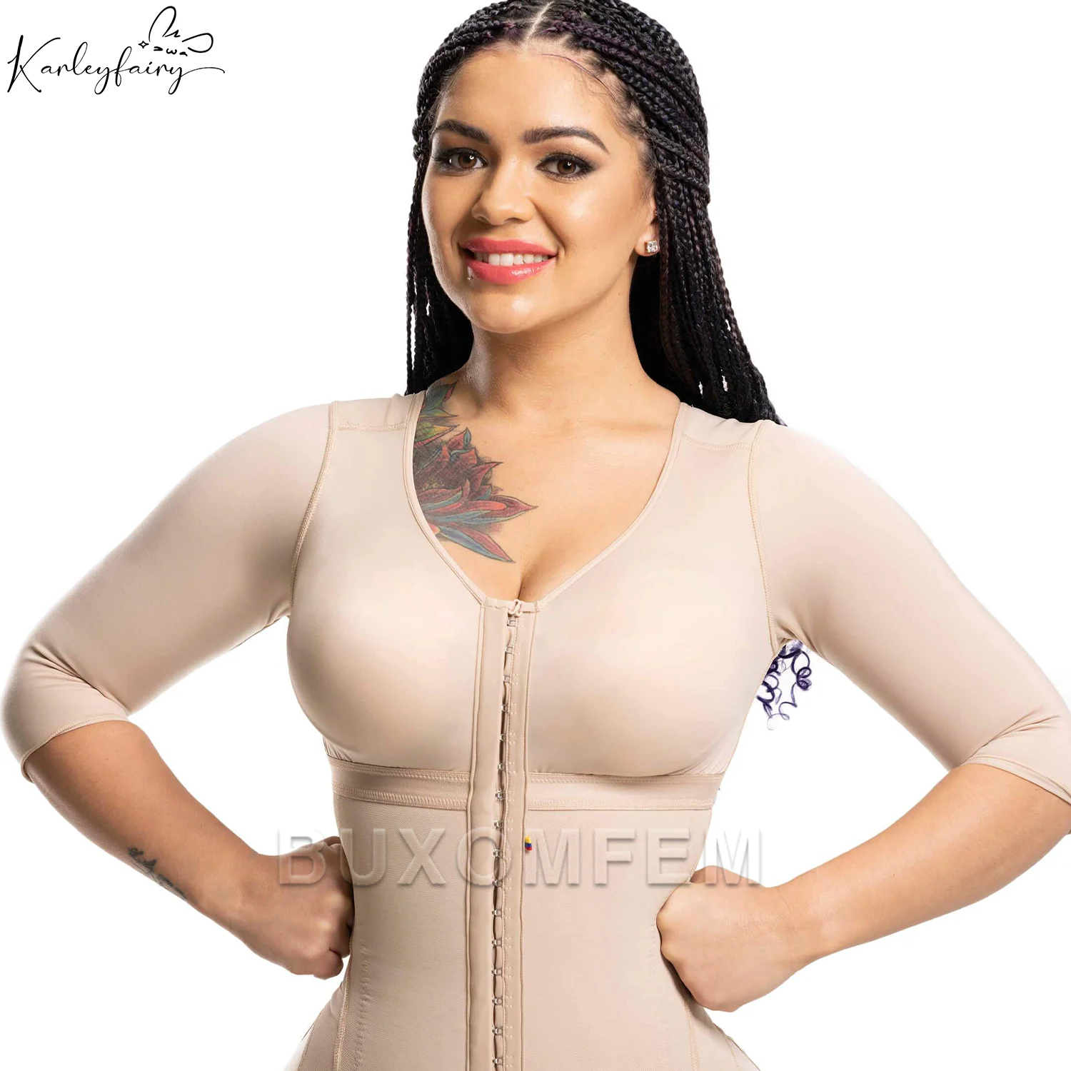 Seamless Faja with Sleeves & Bra Elastic Tight Push Up Complete Body Shaper Adjustable Bodysuits with Hook Eyes Shapewear Girdle