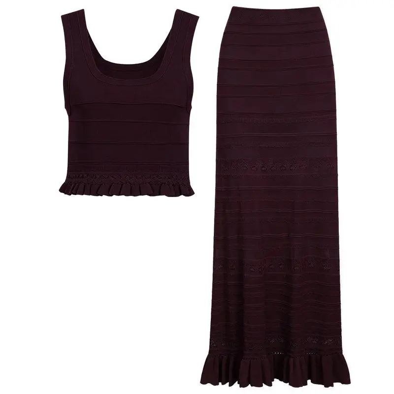High Quality Summer New Style Knitted Vest Sleeveless Top with Wooden  And Mid-Length Half Skirt Two-Piece Fashion Set fo...